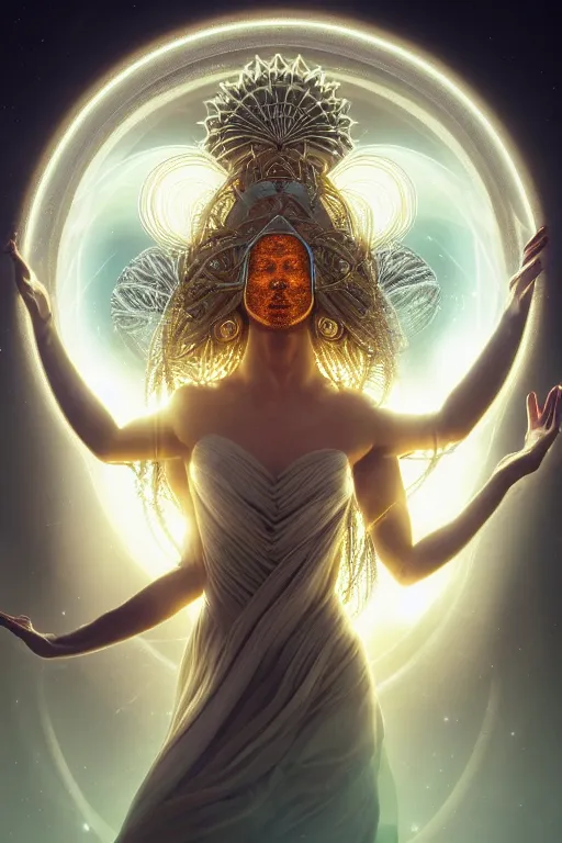 Image similar to a centered render of a goddess emitting a glorious energy from a circular portal on her head and is surrounded by spiral mandel bulb fractals, powerful, cinematic, beautifully lit, by artgerm, by h. r. giger, 3 d, trending on artstation, octane render, 8 k