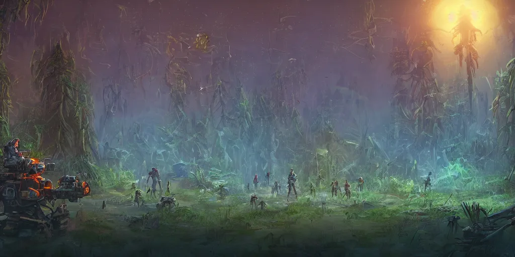 Image similar to guerrillas reed - people surrounded robot in futuristic spiritual mystical post apocalyptic forest drawn by ron gilbert, dim painterly volumetric aquatic lighting, scenic, beautiful, crisp, artstation, highly detailed