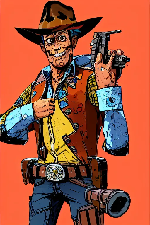 Image similar to a study of cell shaded portrait of Sheriff Woody Pride as a gunman looking as a Borderlands 3 character, llustration, post grunge, concept art by josan gonzales and wlop, by james jean, Victo ngai, David Rubín, Mike Mignola, Laurie Greasley, highly detailed, sharp focus, alien, Trending on Artstation, HQ, deviantart, art by artgem