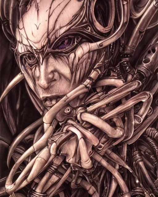 Prompt: jester by Yoshitaka Amano, by HR Giger, biomechanical, profile portrait, 4k, wide ayes, hyper detailed, hyperrealism, anime