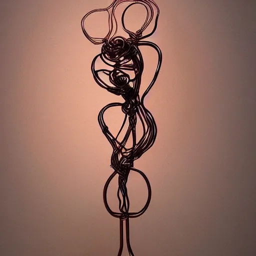 Image similar to a very beautiful tiny ( ( ( ( human heart ) ) ) )!!!!!!!!!!!!!!!!!!!!!!!!! organic sculpture made of copper wire and threaded pipes, very intricate, curved. studio lighting, high resolution, high quality, black background