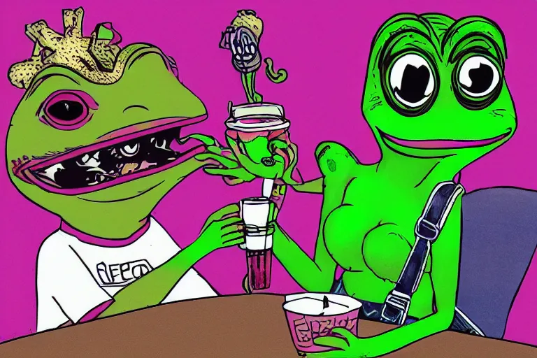 Image similar to studio photo!!! of a punk girl on a date with pepe! the frog! drinking coffee, highly detailed, 8 k, natural lighting