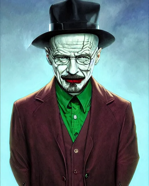 Image similar to portrait of walter white as the joker, illustration, art by neil gaiman and peter elson