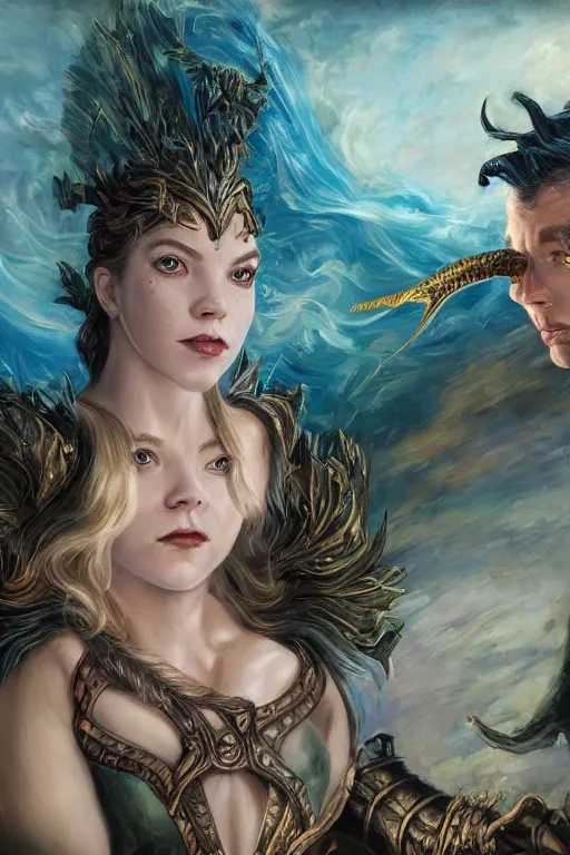 Image similar to A fantasy comic book style, composite hybrid portrait painting of Anya Taylor-Joy, and Cory Chase as a youthful Atlantean, Reptilian Warrior, Mystical Valkyrie, Modest light Armor, Sword, Sheild, Spear, François Boucher, Oil Painting, unreal 5, DAZ, hyper-realistic, Photorealistic, octane render, Regal, Refined, Coherent, Detailed Digital Art, RPG portrait, William-Adolphe Bouguereau, Michael Cheval, Walt Disney (1937), Steampunk, Hieronymus Bosch, Golden dappled dynamic lighting, Highly Detailed, Theophanic atmosphere, Cinematic Lighting, Unreal Engine, 8k, HD