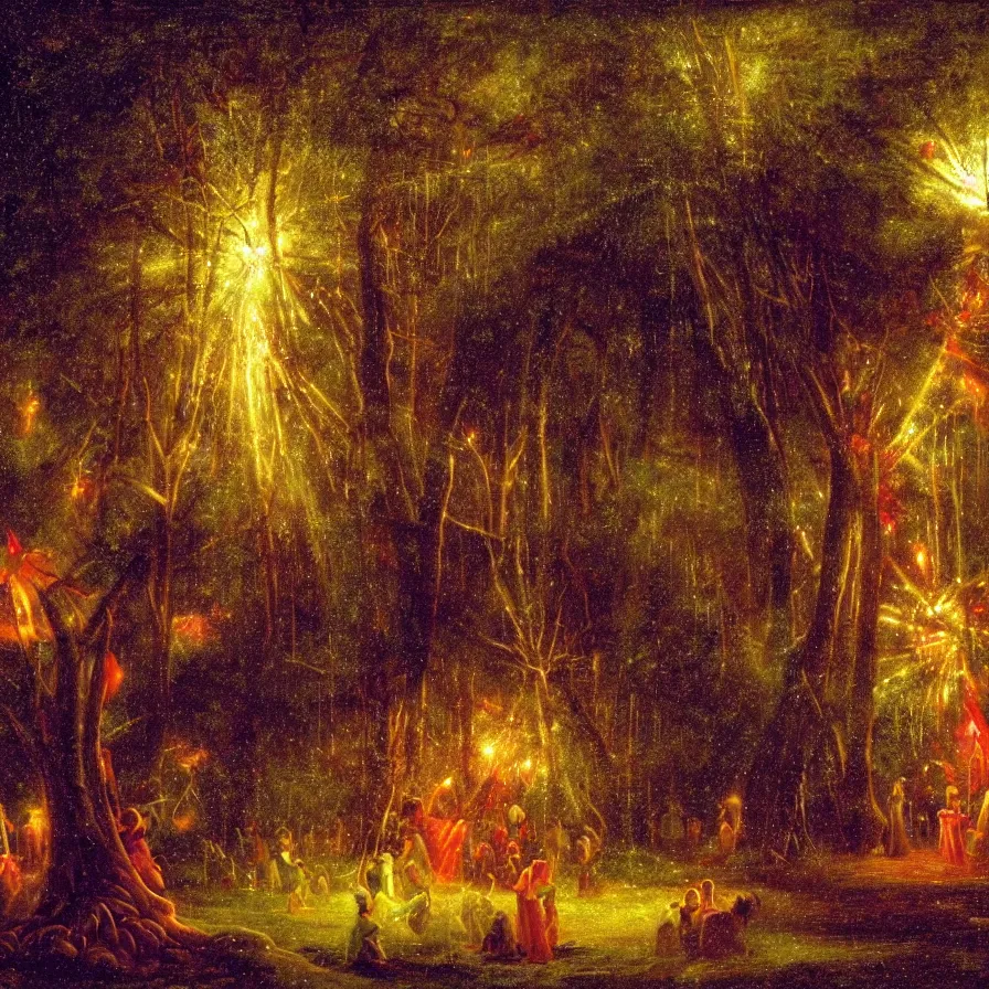 Image similar to closeup of a night carnival inside a tree cavity in a magical forest in the middle of a summer storm, with a music scenario with many fireworks and christmas lights, volumetric lightning, instense god rays in the sky, folklore people disguised with fantastic creatures in a magical forest by summer night, masterpiece painted by edmund leighton, scene by dark night environment, refraction lights,