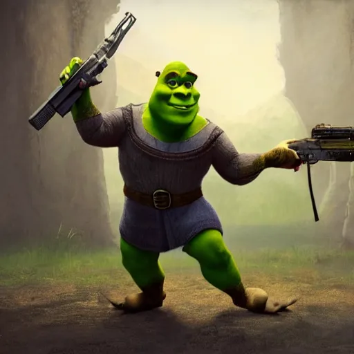 Image similar to shrek as gun, masterpiece, highly detailed, high quality, 4 k, anatomically correct, hyperrealistic, concept art, octane render, unreal engine 5, trending on artstation, trending on deviantart, matte, historical painting, fantasy style, path traced, high coherence, soft lighting, digital painting, mythical