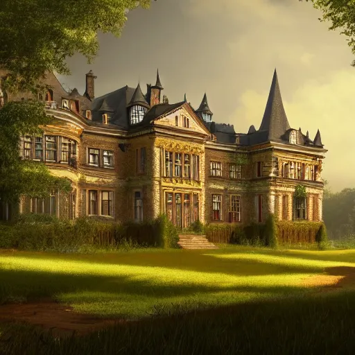 Prompt: matte painting of a countryside landscape of a large noble estate with xix century manor. fantastical, elegant, intricate elaborate, brown brick, opulent, verdant lawn. sharp focus, smooth detailed digital art trending in artstation