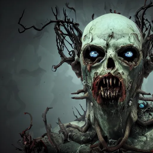 Image similar to god of decay and rot, character design, scary, radiating with power, glowing eyes, whirling death, disgusting, dripping, oily, decomposition, ghostly mist, scary, unreal engine, photorealistic