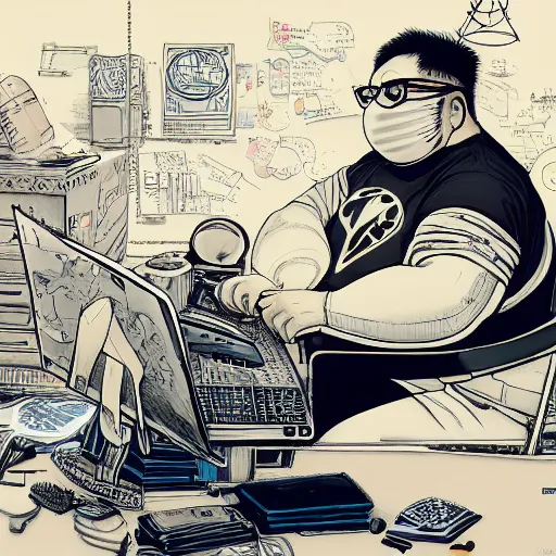 Image similar to an insanely detailed painting of a chubby nerdy asian man wearing a homemade superhero costume and mask, sitting at a computer desk typing on the keyboard, in the style of peter mohrbacher, dramatic lighting and composition, trending on artstation, concept art, comic book, graphic novel, back view