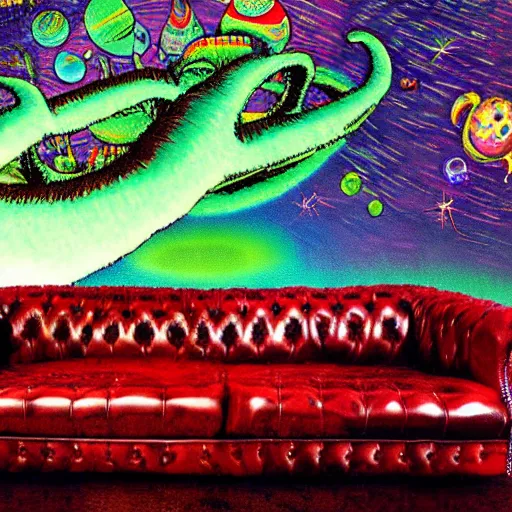 Image similar to couch sofa chesterfield flying through space psychedelic trippy eldritch horror cartoon