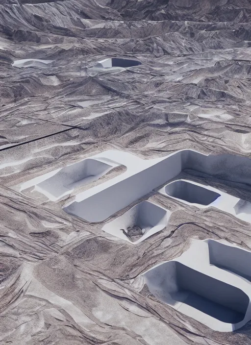 Prompt: hologram bioremediation white architecture, in the mining tailings of chuquicamata, epic, cinematic, hyperealistic, high detailed, corona render, hdr, ray tracing