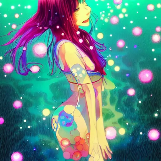 Prompt: psychedelic, whimsical, anime, 4k, beautiful intimate woman with professional makeup, long trippy hair, a crystal and flower dress, bathing in a reflective pond, underneath the stars, rainbow fireflies, trending on patreon, deviantart, twitter, artstation, volumetric lighting, heavy contrast, art style of Ross Tran and Ilya Kuvshinov