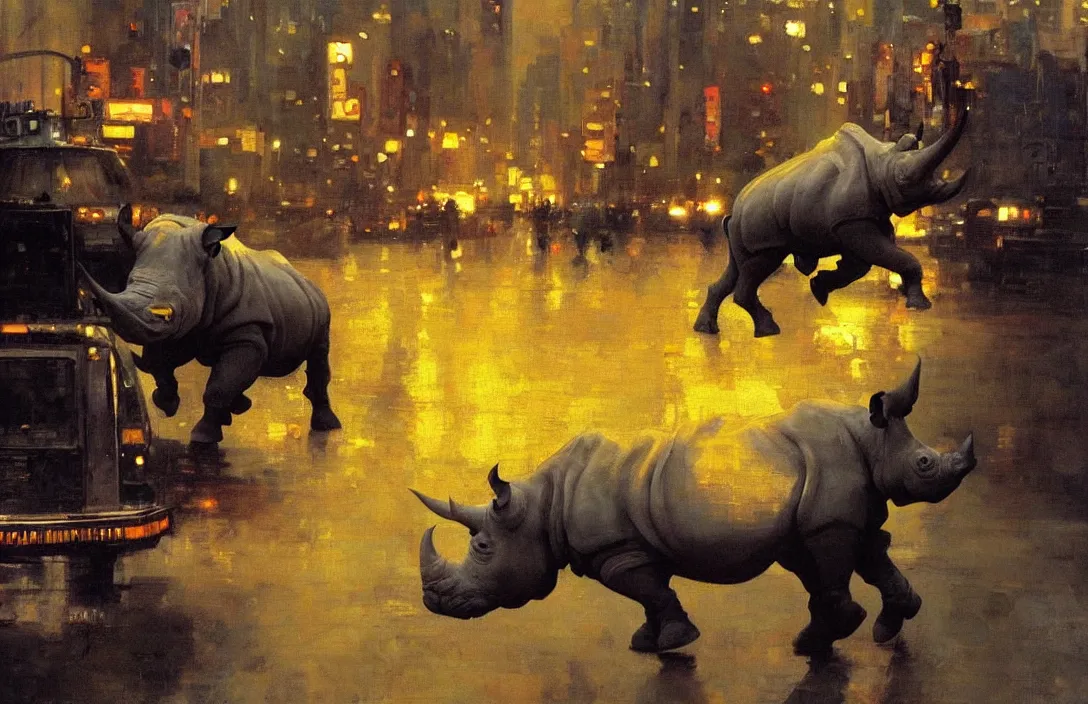 Prompt: a rhino running through a street passing yellow new york taxi cabs epic lighting by ilya repin, phil hale and kent williams