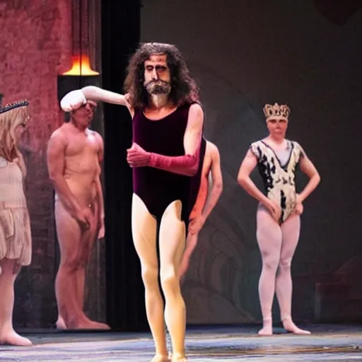 Prompt: Frank Zappa in a leotard and a crown performs the role of Richard III in award-winning modern dress production of Richard III in front of a live audience, action shot, masculine