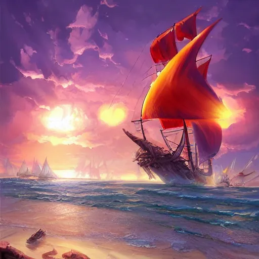 Image similar to a large pirate ship with a sun on its bow, pirates flag, cgsociety, fantasy art, 2 d game art, concept art, heavenly lighting, retrowave, behance hd, concept art by jesper ejsing, by rhads, makoto shinkai cyril rolando, madgwick