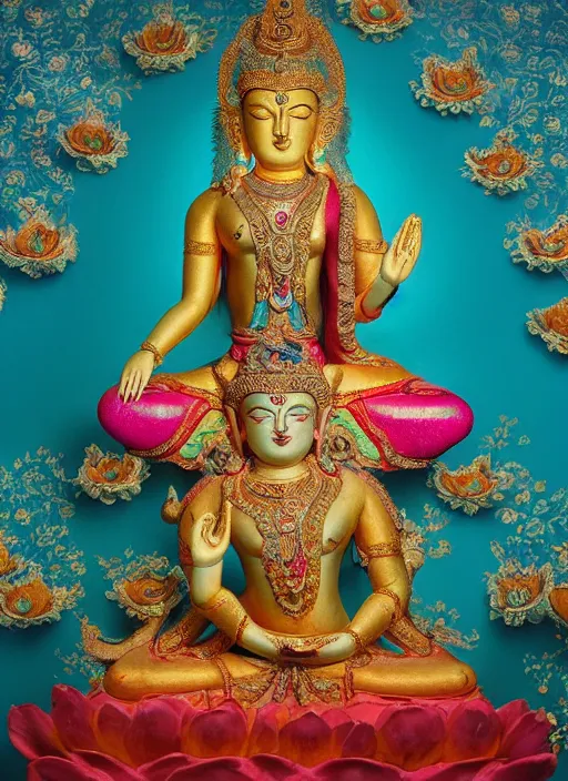 Prompt: A vibrant studio portrait photograph of Manjushri by Alessio Albi, Nina Masic, The photo is very meticulous, with every detail carefully rendered. The colors are bright and vibrant, and the overall effect is very pleasing, This photo shows the Manjushri in a seated position, with his legs crossed and his hands resting in his lap. He is surrounded by a blue aura, and his face is serene and peaceful. His clothing is brightly colored and adorned with intricate patterns. The photo is incredibly detailed, with every aspect of Manjushri's appearance rendered in delicate brushstrokes. The artist has paid careful attention to every aspect of the photo, from the way the light plays off of Manjushri's face to the smallest details in his clothing. This photo is a beautiful example of traditional Buddhist art. It is incredibly peaceful and serene, and the level of detail is truly impressive, Soft focus, vertical portrait, natural lighting, f2, 50mm, hasselblad, classic chrome, film grain, cinematic lighting,