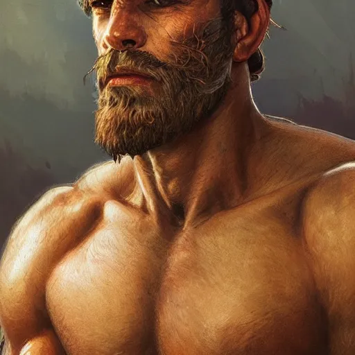 Image similar to portrait of a rugged ranger, coherent hands, handsome, muscular, upper body, leather, hairy torso, d & d, fantasy, intricate, elegant, highly detailed, digital painting, artstation, concept art, smooth, sharp focus, illustration, art by artgerm and greg rutkowski and alphonse mucha