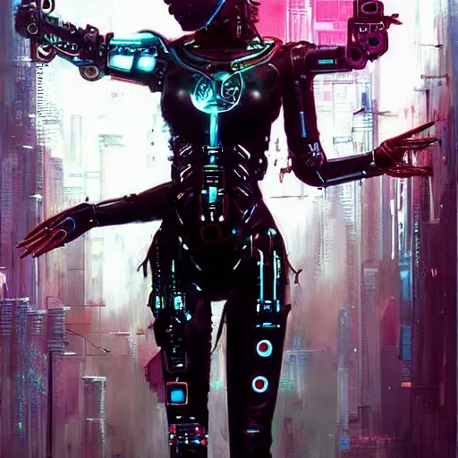 Prompt: beautiful illustration of a cyberpunk android ballerina, painting by Raymond Swanland, sci-fi cybernetics, art deco, synthwave hq