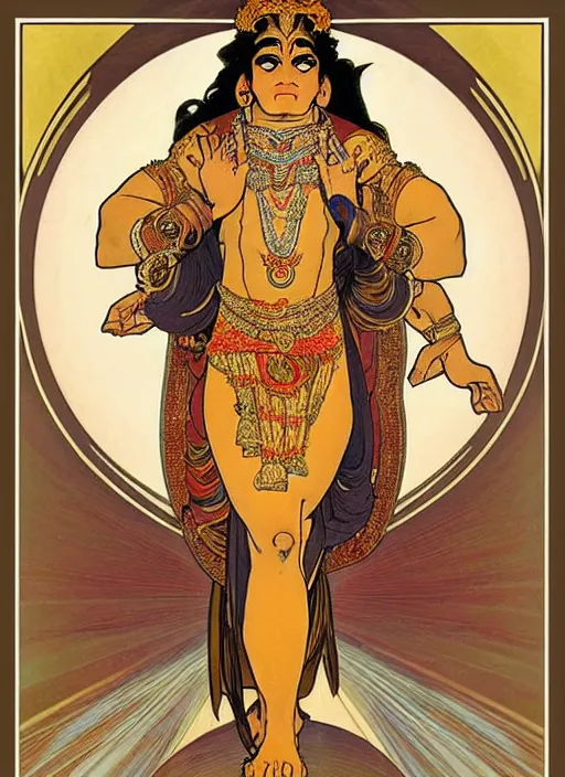Image similar to a full body portrait of beautiful ornated hanuman!!!! god with flowing medium hair, soft facial features, kind appearence, digital art by alphonse mucha, inspired by krishen khanna and madhvi parekh, symmetrical body, artgerm, portrait, muted color scheme, highly detailed, outrun art style