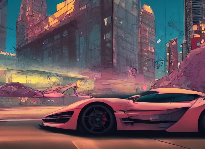 Image similar to a sport car in a city. sharp focus, cinematic pose, cinematic lighting, unreal engine render. art by josan gonzales and moebius and deathburger.