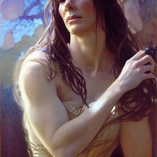 Image similar to hyperrealist portrait of sandra bullock as lady godiva. by jeremy mann and alphonse mucha, fantasy art, photo realistic, dynamic lighting, artstation, poster, volumetric lighting, very detailed faces, 4 k, award winning