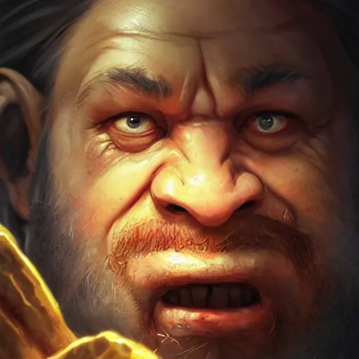 Image similar to portrait of a brutal dwarf hugging the humongous raw, unrefined gold nugget, lump of native gold, realistic, handsome eyes and hands, fantasy art, dnd, lord of the rings, mid - shot, moody lighting, by greg rutkowski, stanley lou, artgerm, trending on artstation, concept art, sharp focus, ray tracing