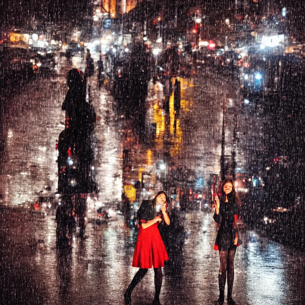 Image similar to night flash portrait photography of a high school girl in uniform on the lower east side by annie leibovitz, colorful, nighttime!, raining!