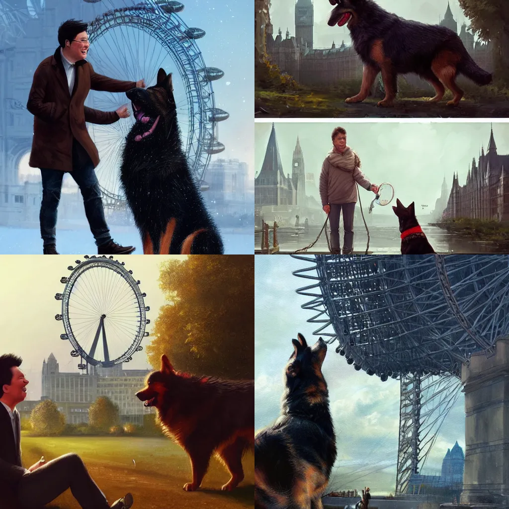 Prompt: Michael McIntyre petting a giant alsatian, in the background is the London Eye, Greg Rutkowski, artstation