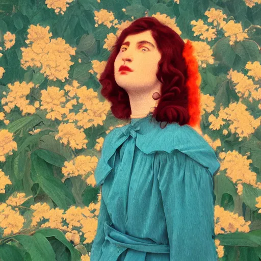 Prompt: a lot of flowers morphing in a beautiful girls face, film still by wes anderson, depicted by goya, limited color palette, very intricate, art nouveau, highly detailed, lights by hopper, soft pastel colors, minimalist