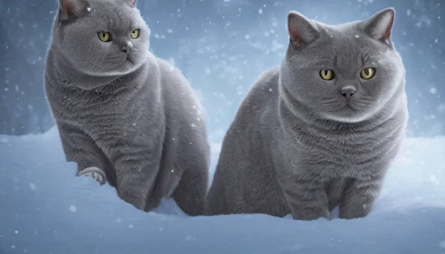 Image similar to british shorthair cat in the snow covered by snow, sunlight, volumetric light, hyperdetailed, artstation, cgsociety, 8 k