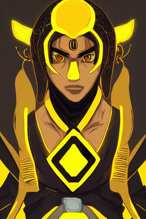 Image similar to glowing black male anime character, short golden hair, yellow eyes, symmetrical, highly detailed, digital art, sharp focus, trending on art station, samurai, electricity superpowers, anime art style