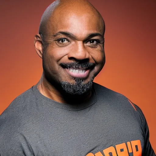 Prompt: a muscular bald middle aged black man with a goatee in an orange gym shirt, high quality portrait