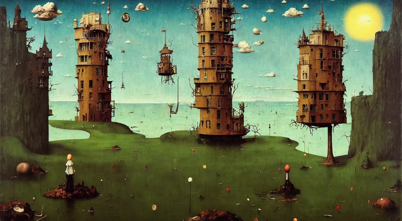Image similar to single flooded simple!! mark ryden tower, very coherent and colorful high contrast masterpiece by norman rockwell franz sedlacek hieronymus bosch dean ellis simon stalenhag rene magritte gediminas pranckevicius, dark shadows, sunny day, hard lighting
