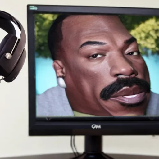 Image similar to obese Eddie Murphy wearing a headset yelling at his monitor while playing WoW highly detailed wide angle lens 10:9 aspect ration award winning photography by David Lynch esoteric erasure head