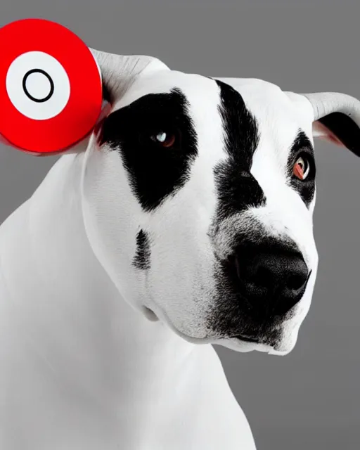 Image similar to white bull terrier with target logo on left eye artistic ad campaign Portrait photo Leica Zeiss trending
