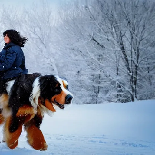 Image similar to girl riding giant Bernese Mountain Dog in the snow, trending on artstation