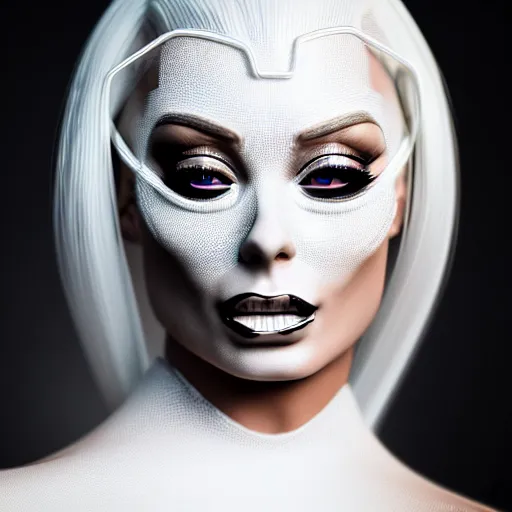 Prompt: ultra detailed, beautiful natural light, studio lights, rim light, isabelledeltore wearing a white mask with black wires on her head, featured on behance, net art, made of wire, 5 0 mm lens, elegant, hyper realistic, ultra detailed, octane render, volumetric lighting, 8 k post - production