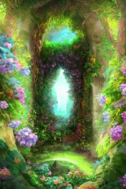 Image similar to digital painting of a secret garden through a doorway, concept art, artstation, vaporwave, nature, lush, greenery, fantasy, fantasy aesthetic, fantasy vibe, colorful, faded effect, artstation, trending, detailed, small details, scenery,