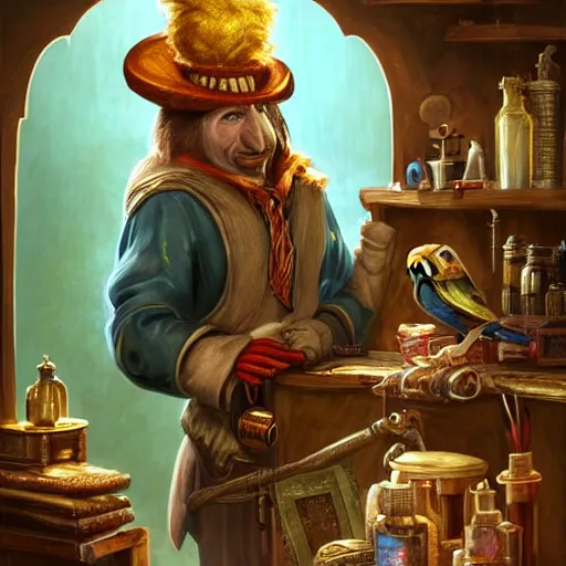 Image similar to Anthropomorphized parrot trader in his shop, portrait, items, magic potions, carpet, window, fancy hat, sly expression , cunning expression, cute expression, D&D, fantasy, cinematic lighting, highly detailed, digital painting, artstation, concept art, smooth, sharp focus, illustration, warm light, cozy warm tint, magic the gathering artwork, volumetric lighting, 8k, art by Akihiko Yoshida, Greg Rutkowski