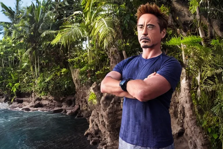 Image similar to a full portrait photo of robert downey jr holiday in bali, f / 2 2, 3 5 mm, 2 7 0 0 k, lighting, perfect faces, award winning photography.