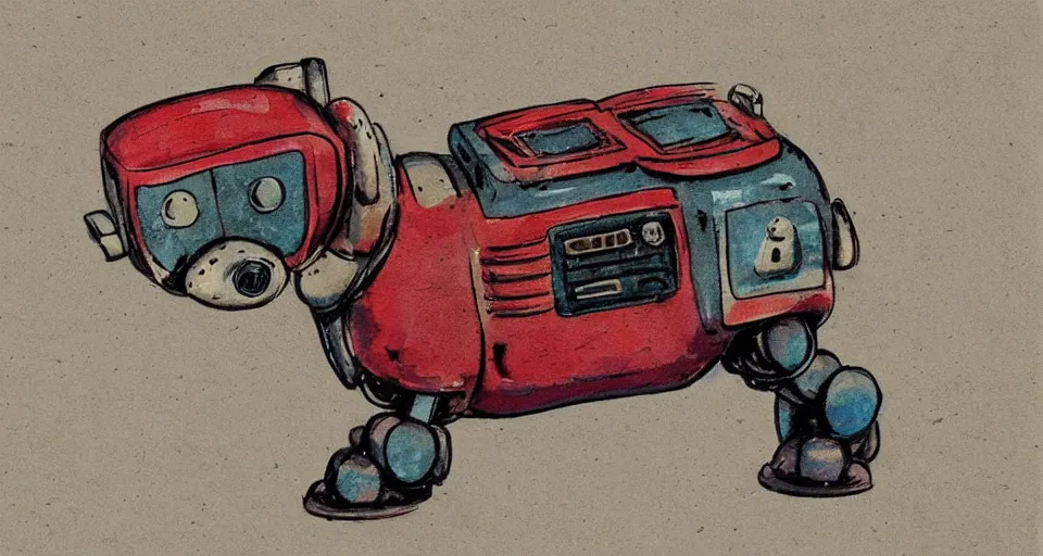 Image similar to a cute retro robot dog. alcohol inks on parchment, muted colors, detailed, textured parchment background, 1 9 5 0 s concept art