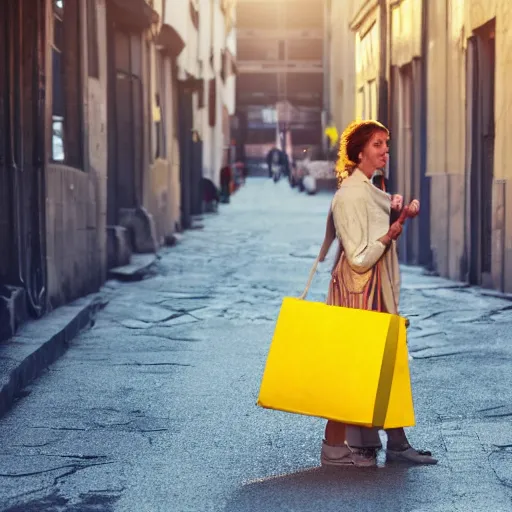 Image similar to a mother coming back from shop a huge bag of gold she is walking home in a street the street is empty and it's sunny