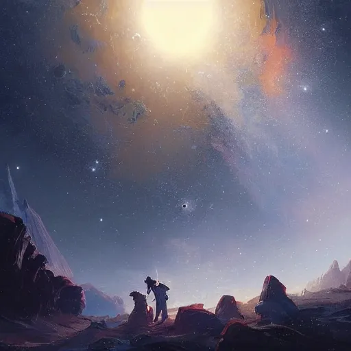 Prompt: A beautiful painting of a five planets, shining its light by greg rutkowski and thomas kinkade, There are five planets that are black, white, yellow, red, and blue, behind the galaxy and the universe, Trending on artstation.