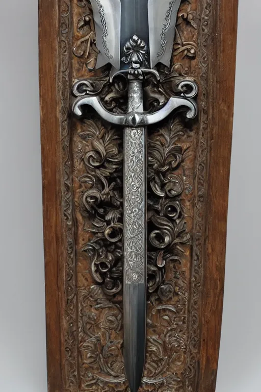 Image similar to sword of justice hanging on a wall, ornate gem in pommel, engraved blade, tip on a pillow