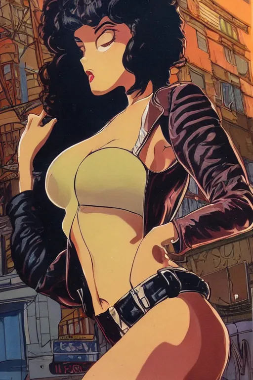 Image similar to portrait of an attractive young female protagonist, center focus, wearing leather jacket, in city street, detailed face, artwork by ralph bakshi