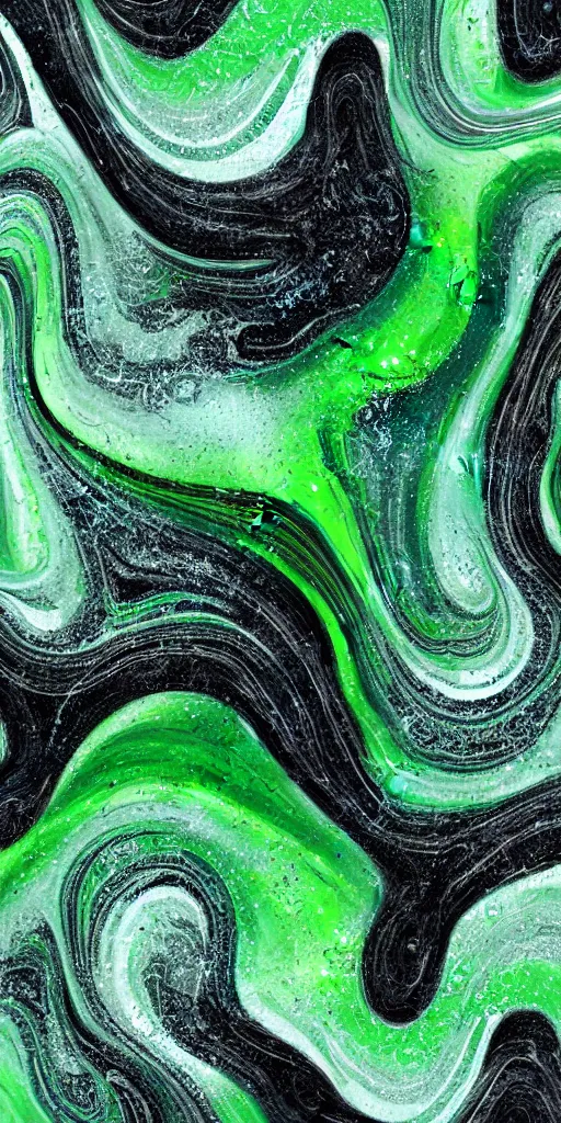 Image similar to beautiful liquid marble texture with big oil bubbles and twirls. harmonic black and green tones coloured abstraction. ultradetailed realistic art