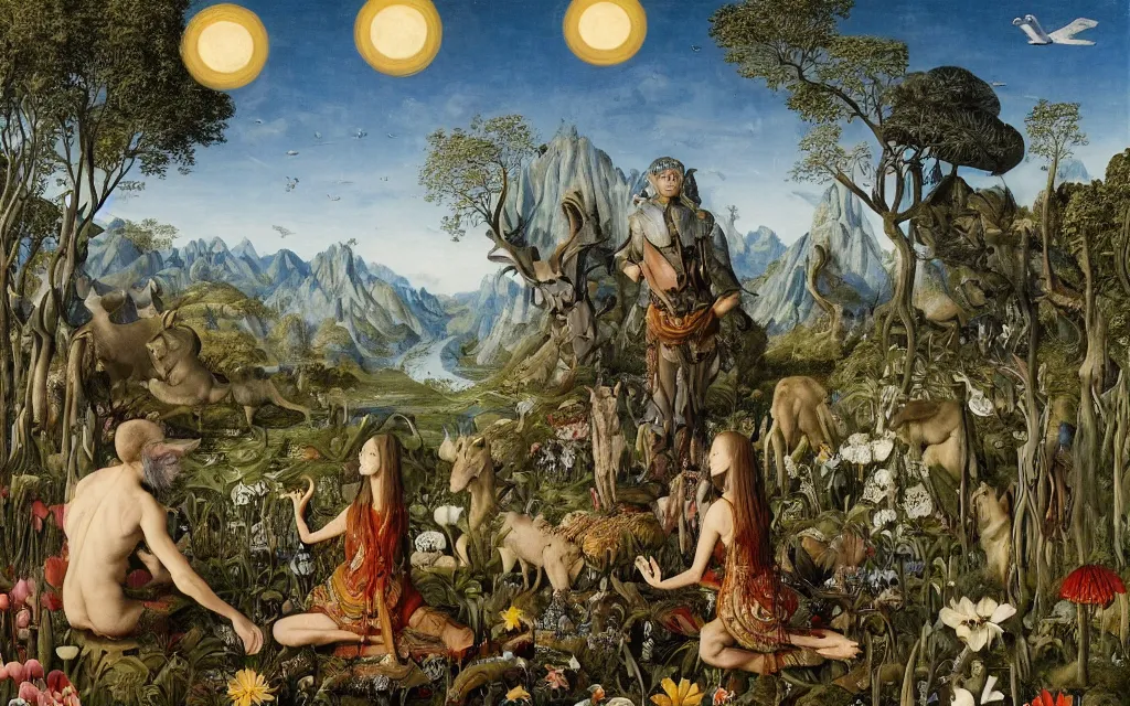 Image similar to a portrait photograph of a meditating werelwolf and a centaur king hunting tropical animals at a wide river delta. surrounded by bulbous flowers, animals, trees and mushrooms. mountain range under a vast blue sky of burning stars. painted by jan van eyck, max ernst, ernst haeckel and artgerm, cgsociety, artstation, fashion editorial