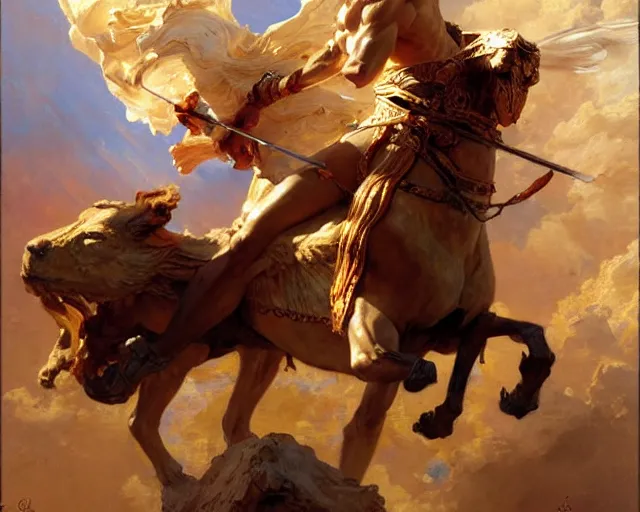 Image similar to attractive apollo greek god, riding his fire chariot. highly detailed painting by gaston bussiere, craig mullins, j. c. leyendecker 8 k