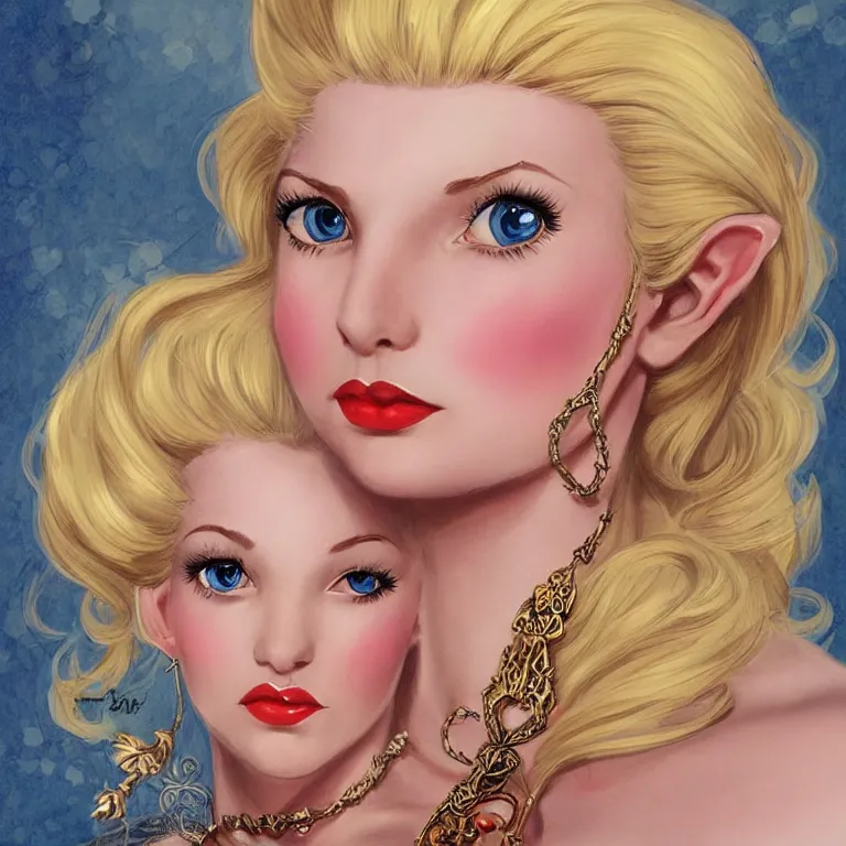 Prompt: a pin up character portrait of a beautiful noble elf princess with blonde hair and regal jewellry by bowater, charlie