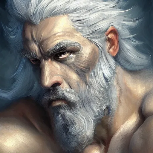 Prompt: painted portrait of rugged zeus, greek god, white hair, masculine, mature, handsome, upper body, muscular, hairy torso, fantasy, intricate, elegant, highly detailed, digital painting, artstation, concept art, smooth, sharp focus, illustration, art by gaston bussiere